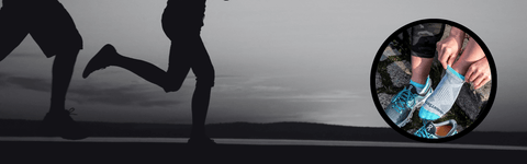 Thumbnail black and white image of 4 adults running with a blue circle around custom white quarter running socks with a purple oval and 