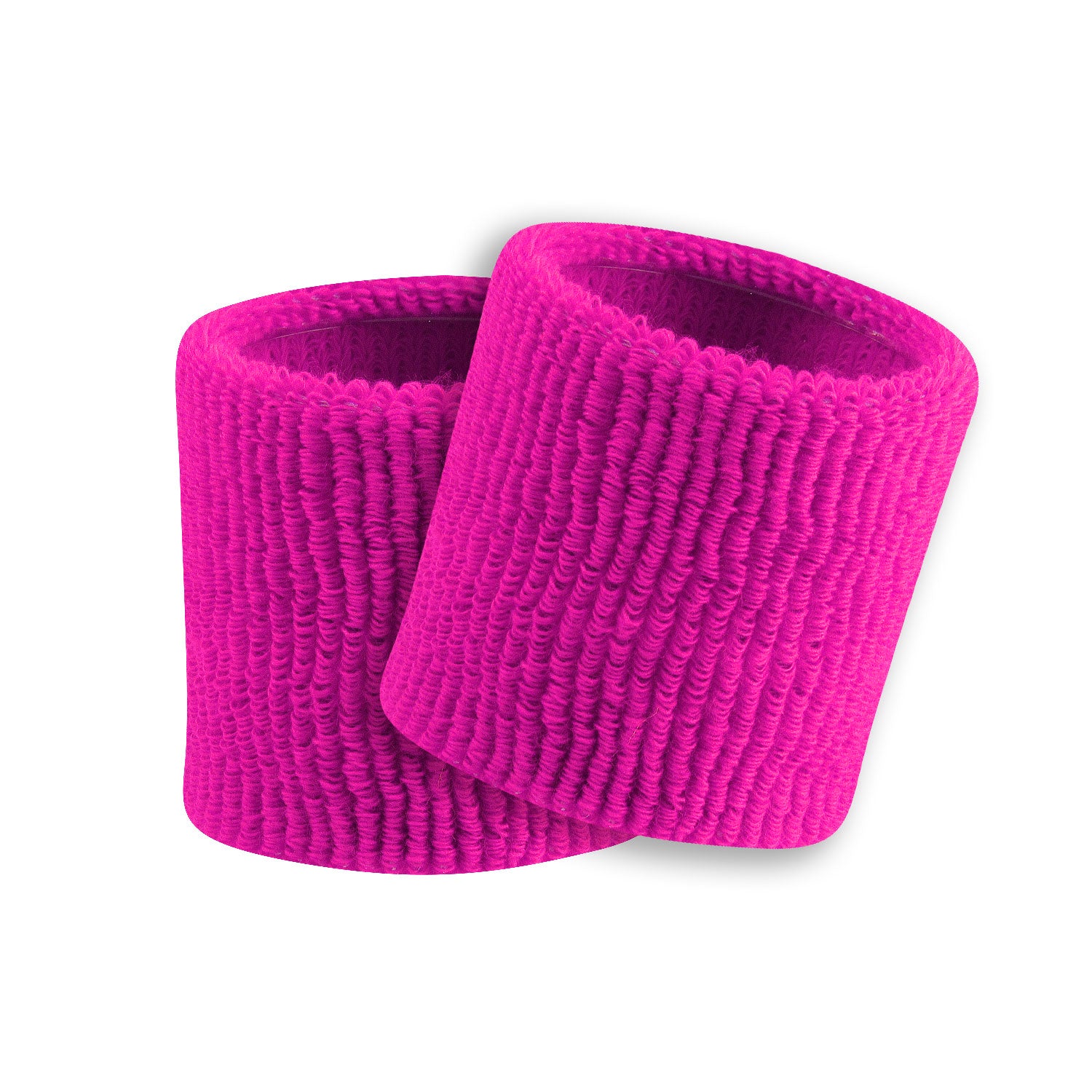 Two hot pink wristbands on a white background