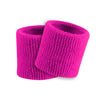 Two hot pink wristbands on a white background