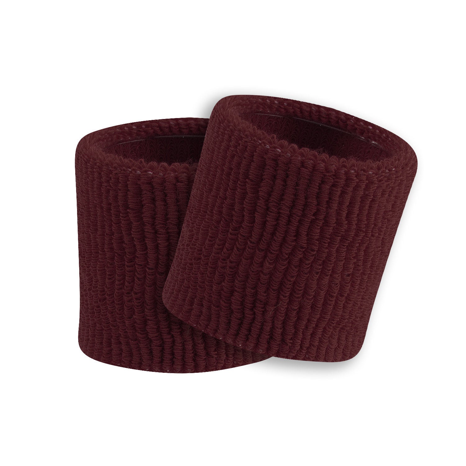 Two maroon ribbed wristbands on a white background