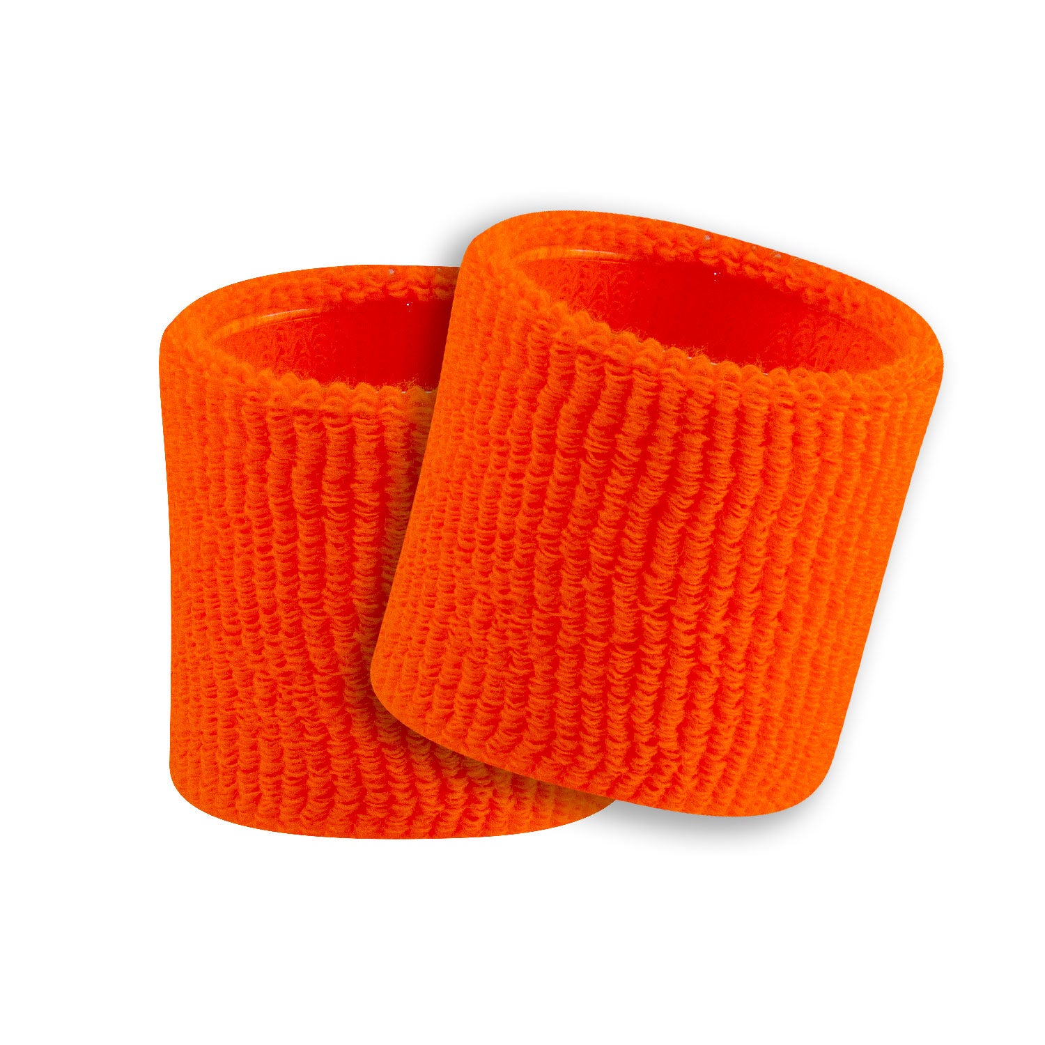 Two neon orange sweatbands on a white background
