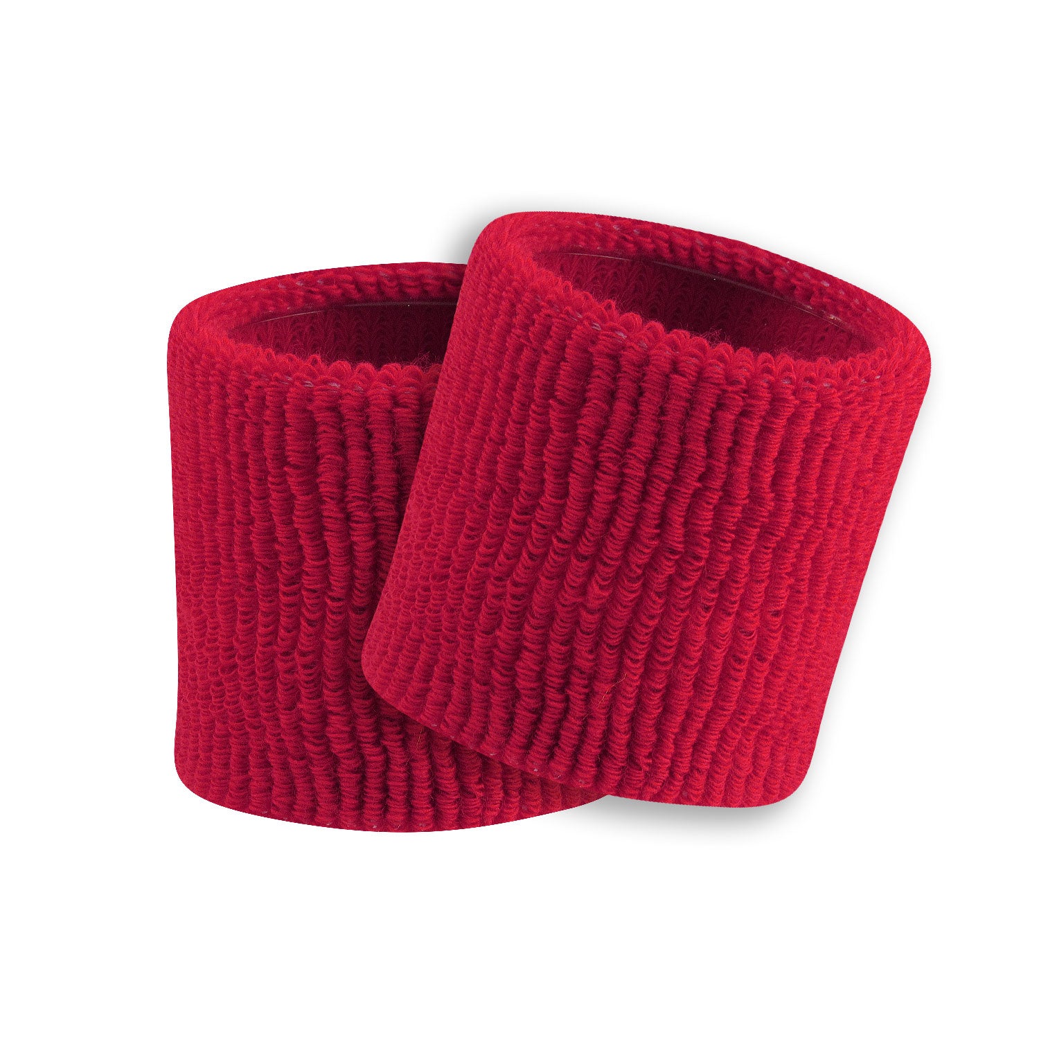 Two scarlet red wristbands on a white background