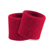 Two scarlet red wristbands on a white background
