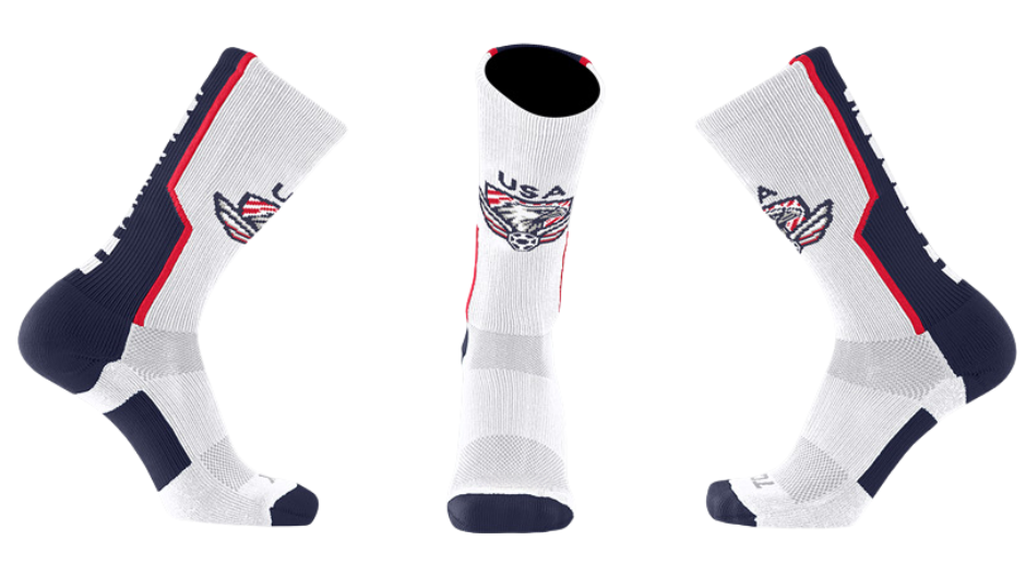 Three socks with USA-themed designs on a white background