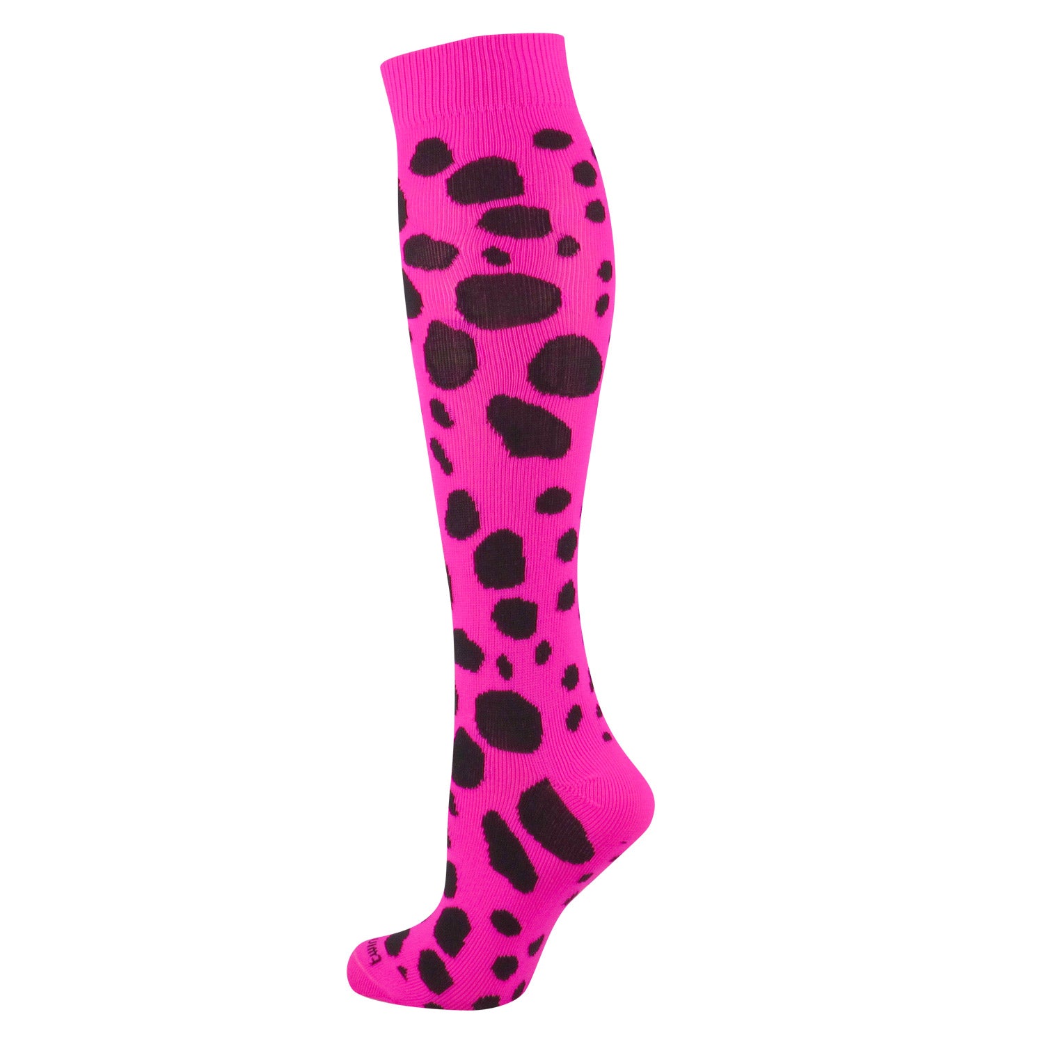 Pink knee-high sock with black polka dots on a white background