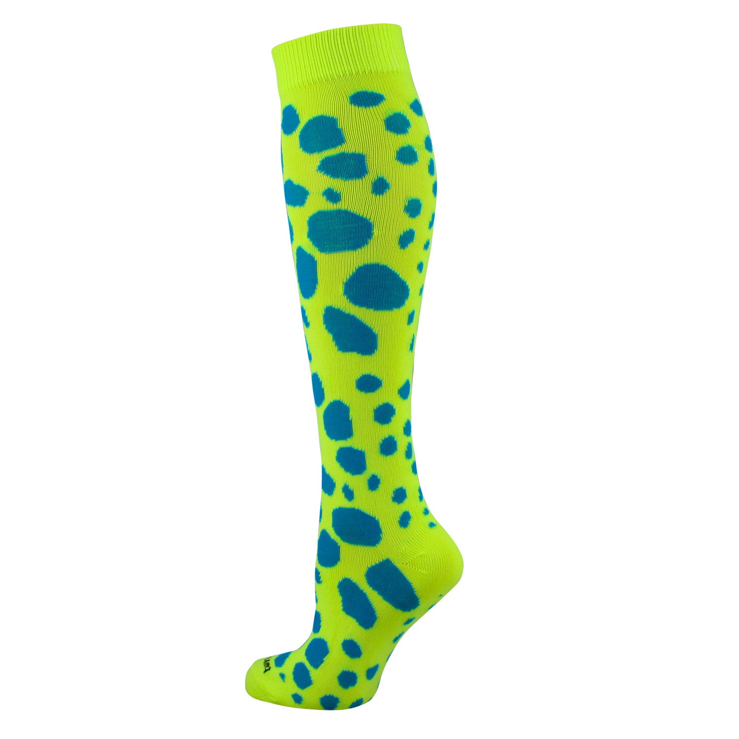 Knee-high sock with green and blue polka dot pattern on a white background