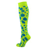 Knee-high sock with green and blue polka dot pattern on a white background