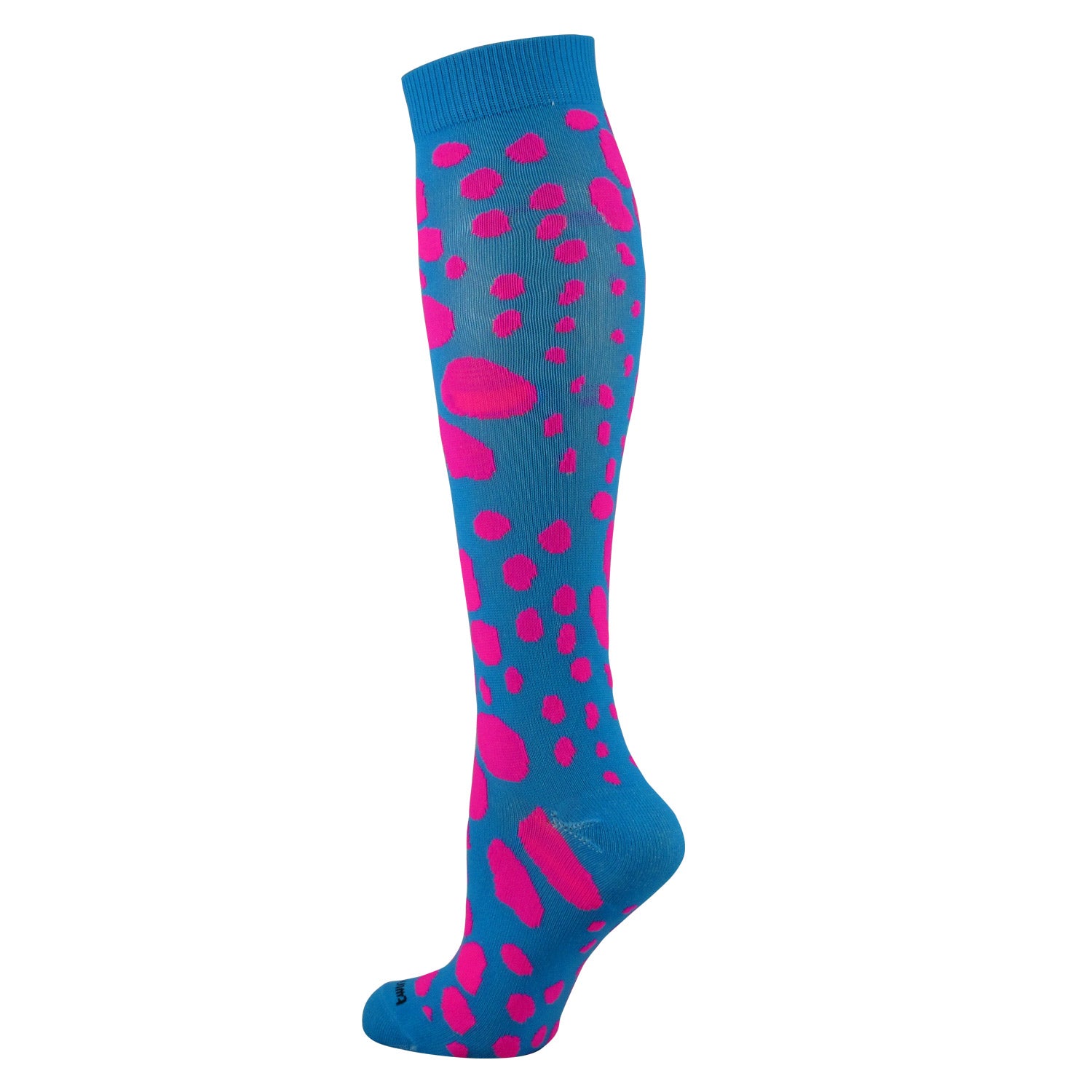 Knee-high sock with pink polka dots on a blue background