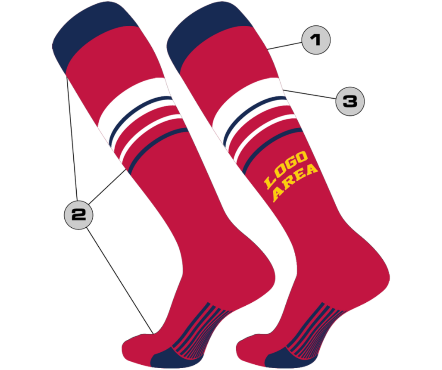 Red socks with blue and white accents labeled for design elements on a white background