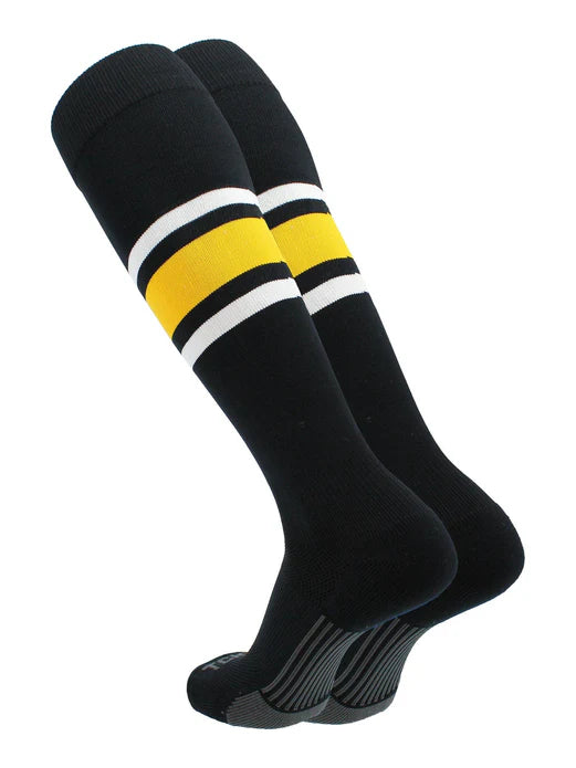 Elite Performance Baseball Socks Dugout Pattern E - black knee sock with one thick gold stripes and 2 thin white stripes