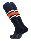 Elite Performance Baseball Socks Dugout Pattern E - navy blue knee sock wiht one thick orange stripe and 2 thin white stripes