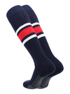 Elite Performance Baseball Socks Dugout Pattern E - navy blue sock with one thick scarlet red stripe and 2 thin white stripes