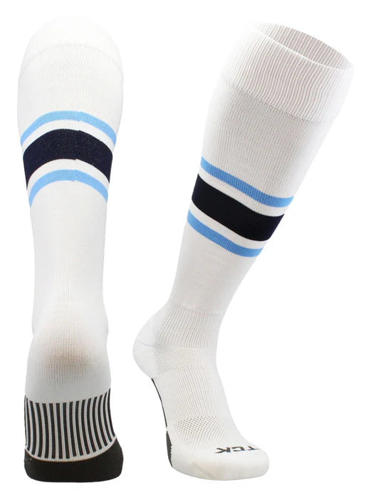 Elite Performance Baseball Socks Dugout Pattern E, white sock with thin columbia blue stripes and thick navy blue stripe