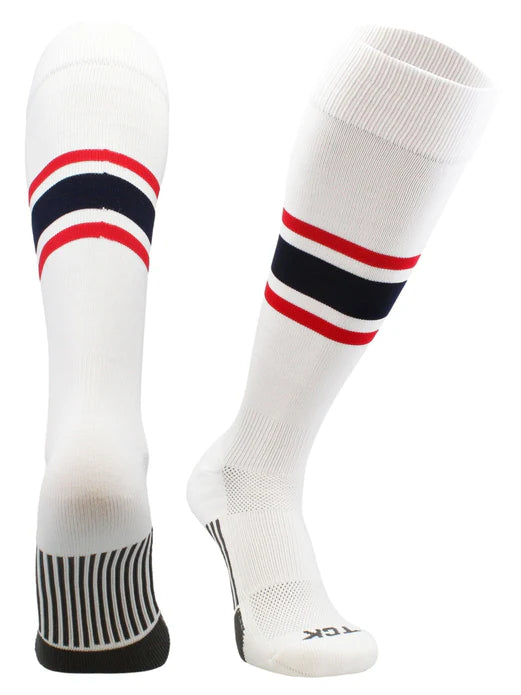 Elite Performance Baseball Socks Dugout Pattern E - white sock with one thick navy stripe and 2 thin scarlet red stripes